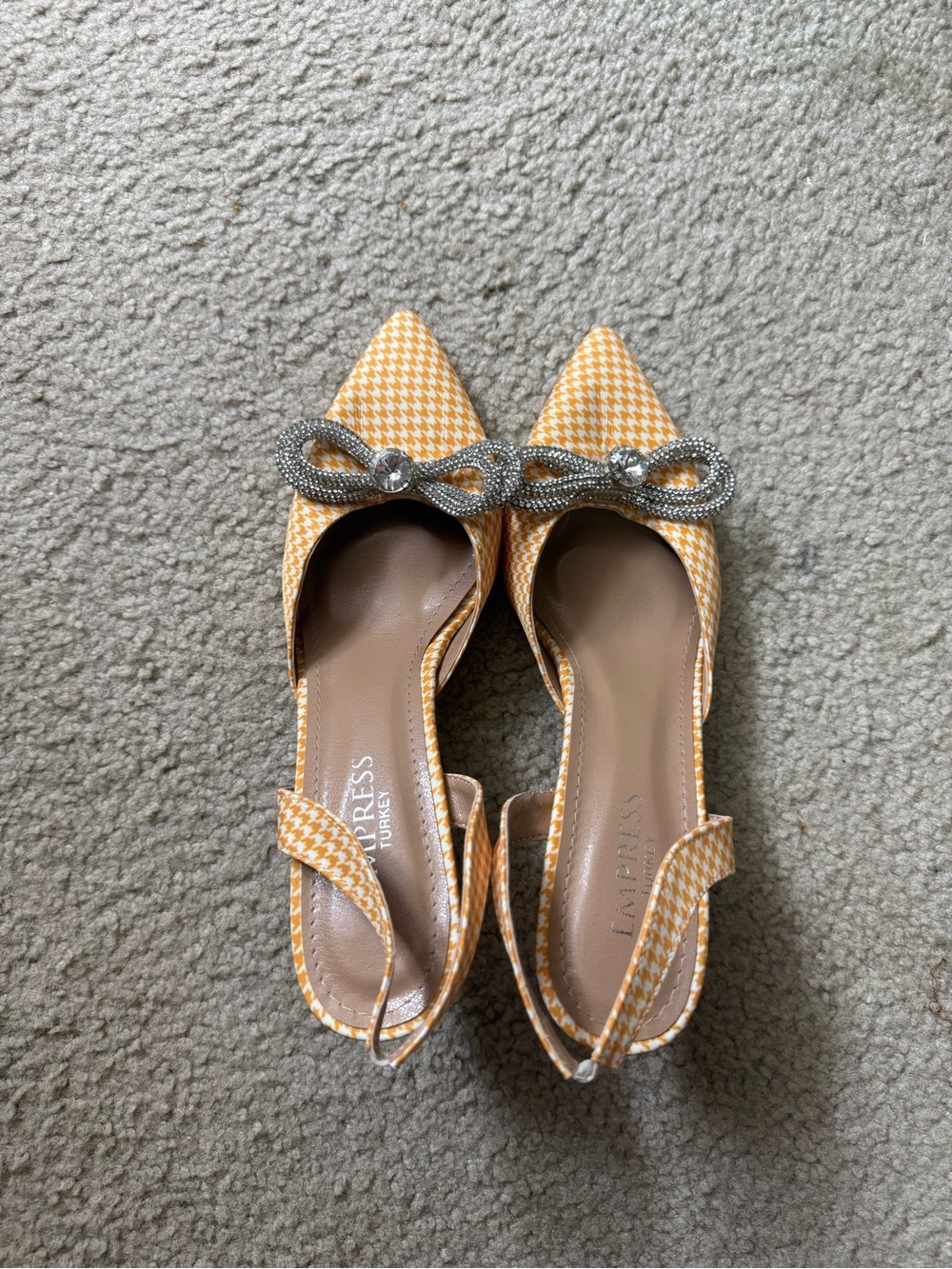 Express Yellow Houndstooth Pointed Toe Slingback Flats with Crystal Bow Accent
